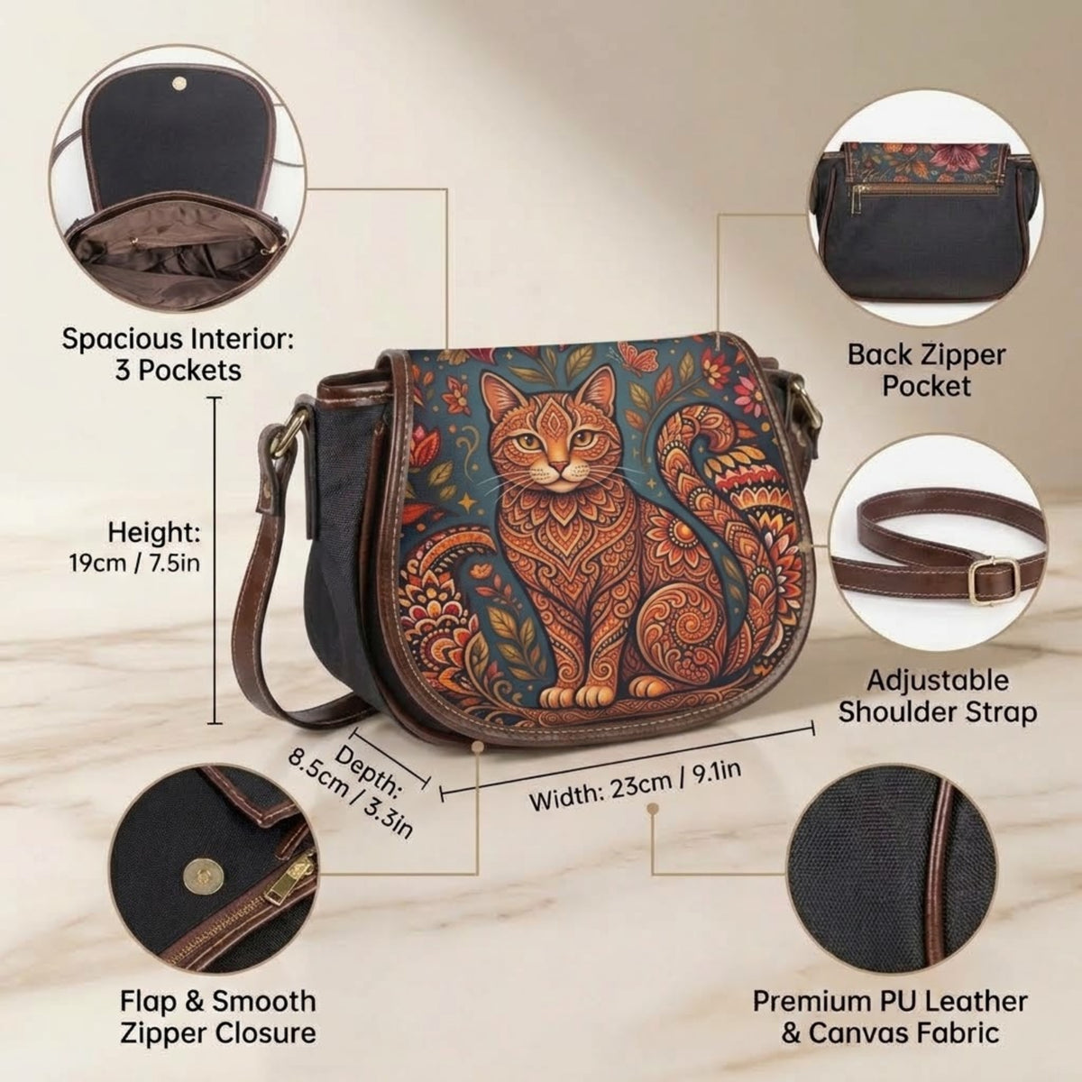 Boho Cat Floral PU Leather & Canvas Saddle Crossbody Bag