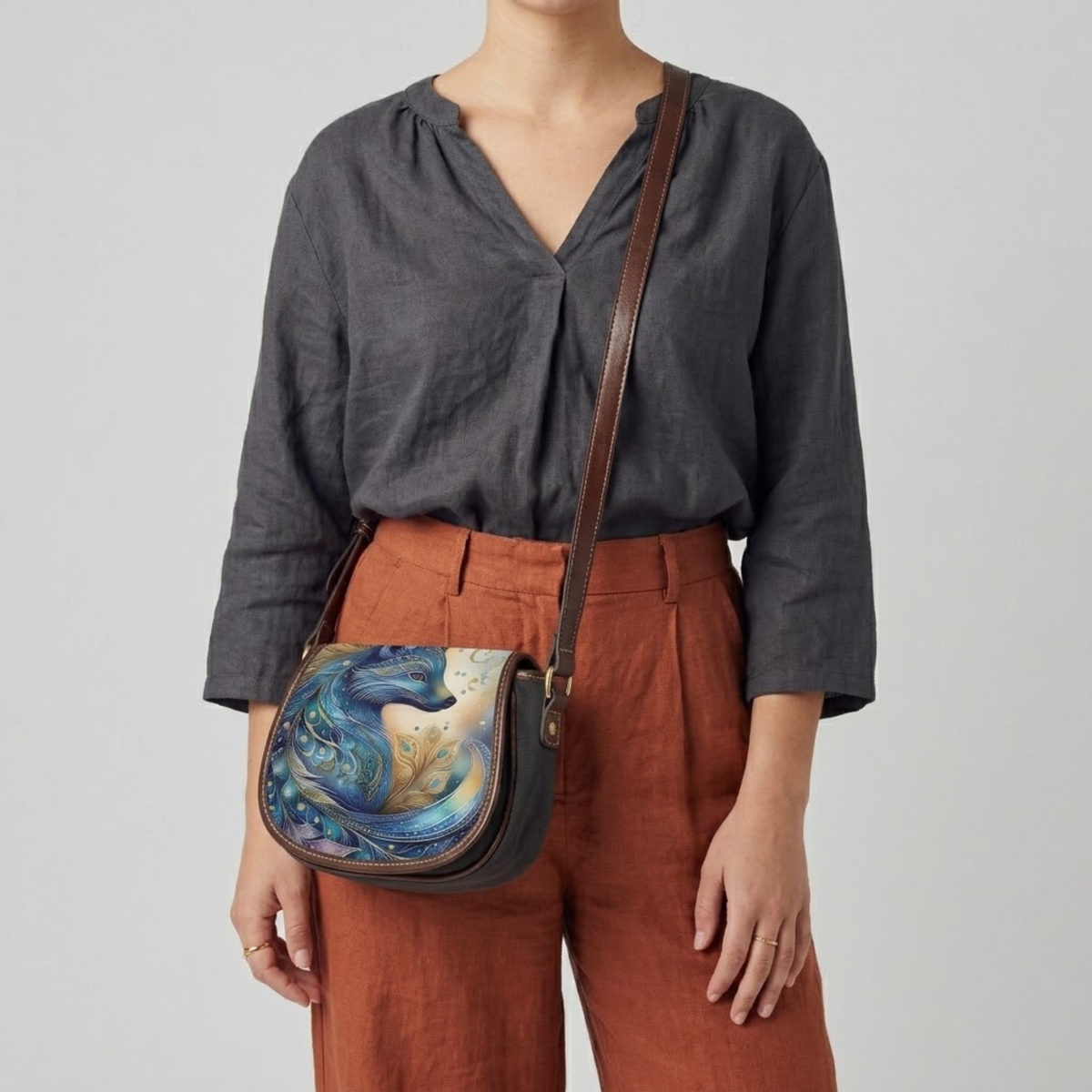 Blue Fox Art Canvas & PU Leather Saddle Crossbody Bag
