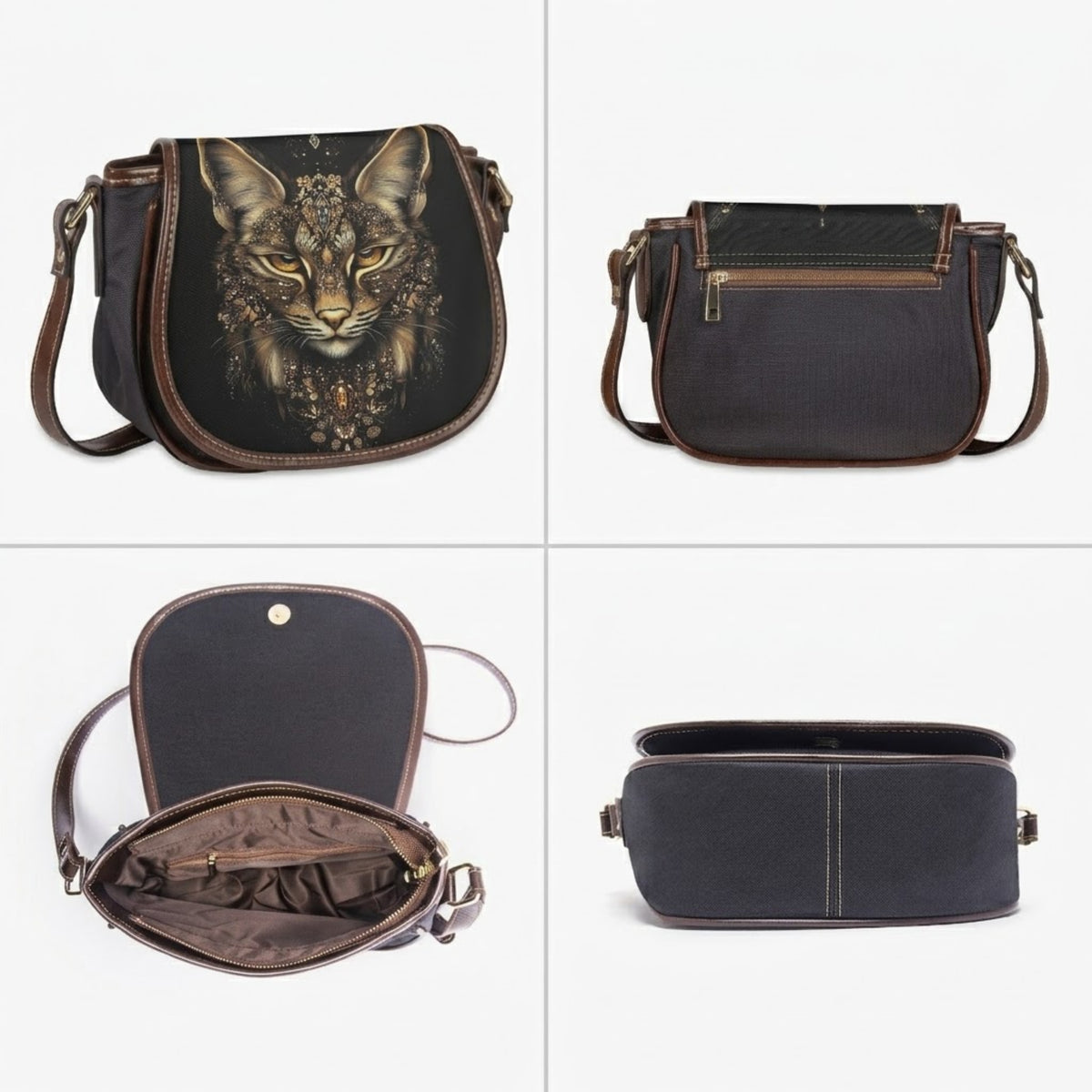 Cuadrícula de cuatro vistas del bolso Lynx tipo silla de montar: frontal, trasera, interior y base