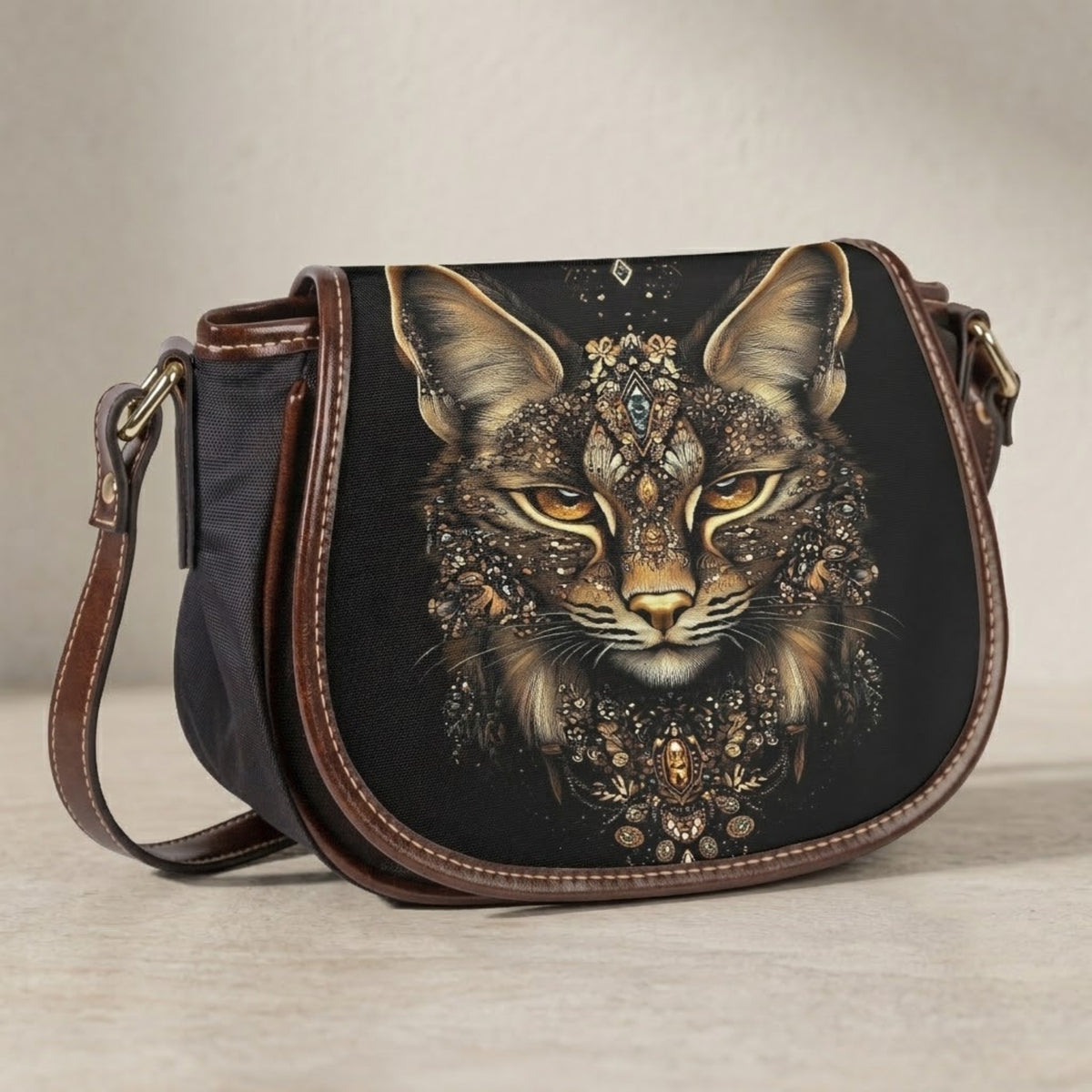 Vista frontal del bolso bandolera Lynx que muestra el detallado estampado de lince sobre negro
