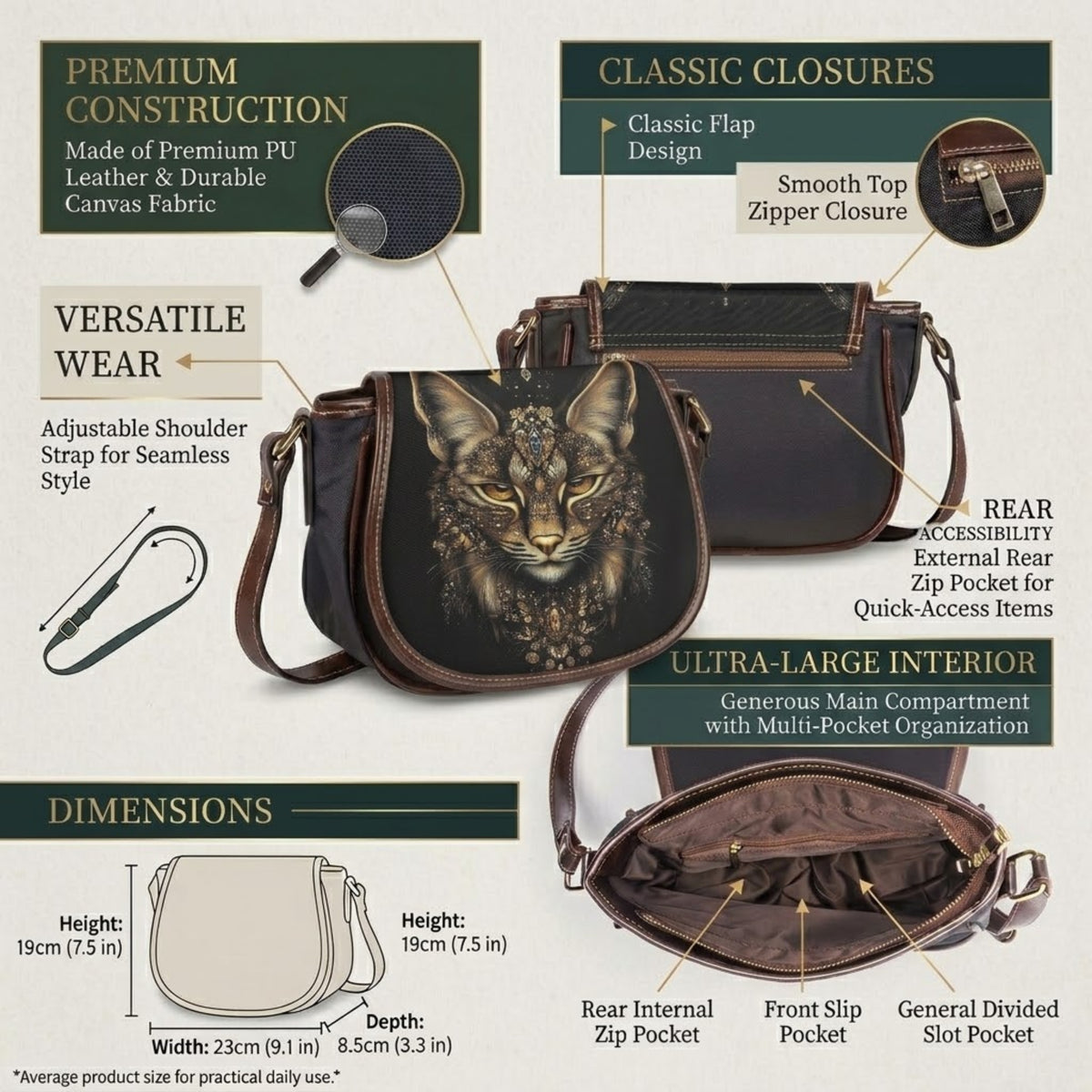 Gráfico de características del bolso bandolera Lynx con materiales, solapa, cremallera, correa y bolsillos