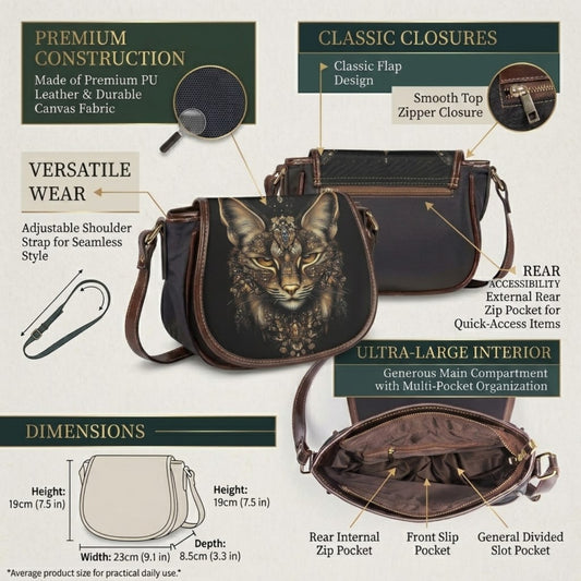 Lynx crossbody bag feature chart listing materials, flap, zipper, strap and pockets