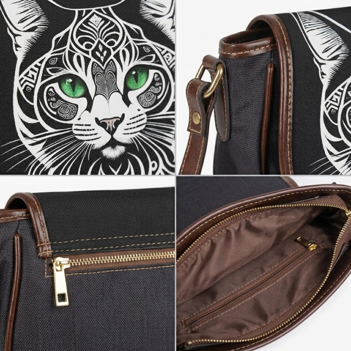 Close-up of white-line cat artwork, shoulder strap hardware and rear zipper on cat canvas bag
