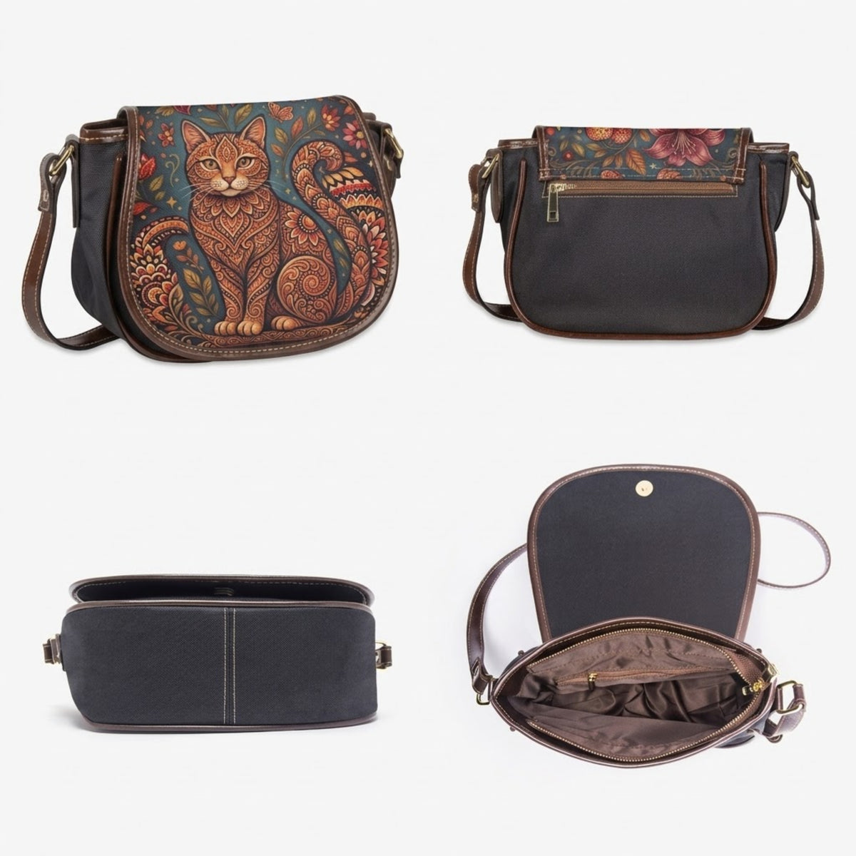 Boho Cat Floral PU Leather & Canvas Saddle Crossbody Bag