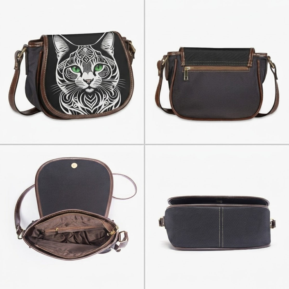 Four-view grid of cat shoulder bag showing front, back, open interior and base