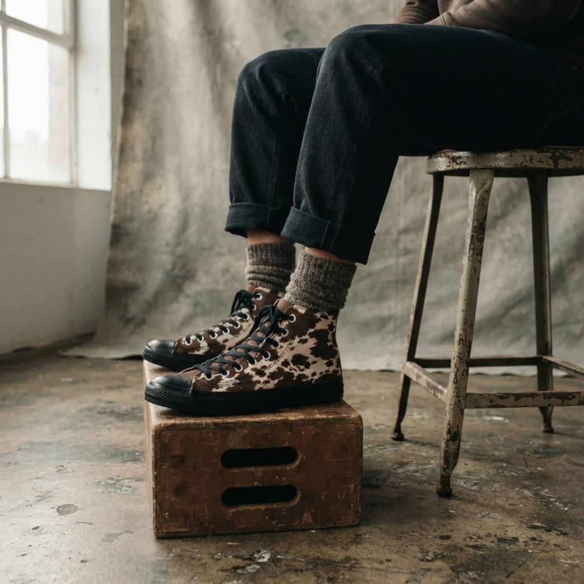 Sneakers high top stampa mucca, scarpe unisex in tela con lacci neri