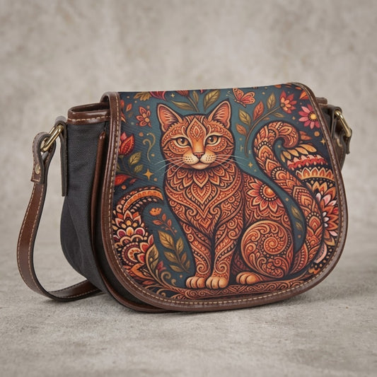Boho Cat Floral PU Leather & Canvas Saddle Crossbody Bag