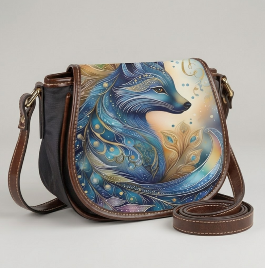 Blue Fox Art Canvas & PU Leather Saddle Crossbody Bag