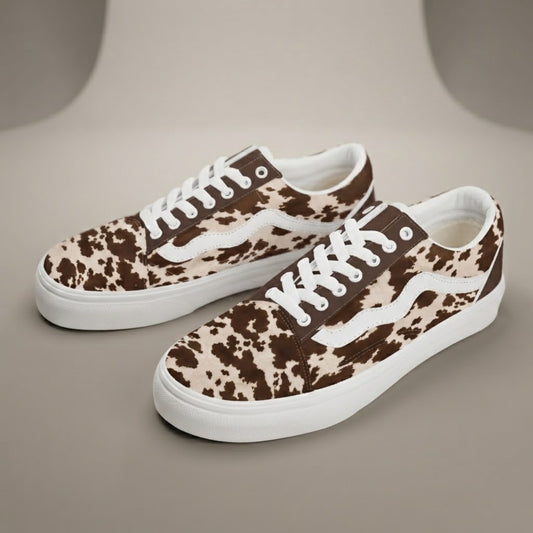 Sneakers stampa mucca, sneakers basse in tela con lacci per uomo e donna