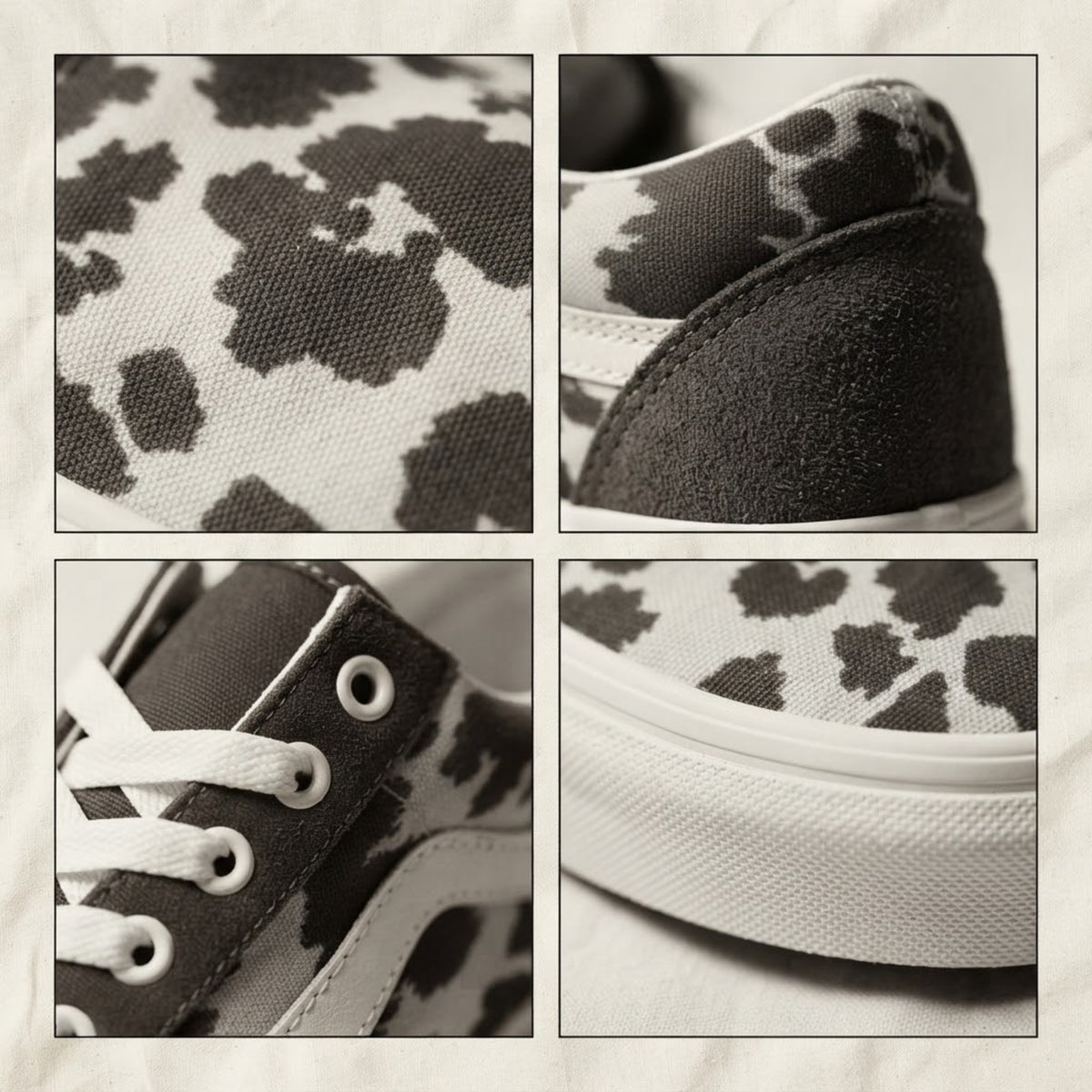 Sneakers stampa mucca, sneakers basse in tela con lacci per uomo e donna