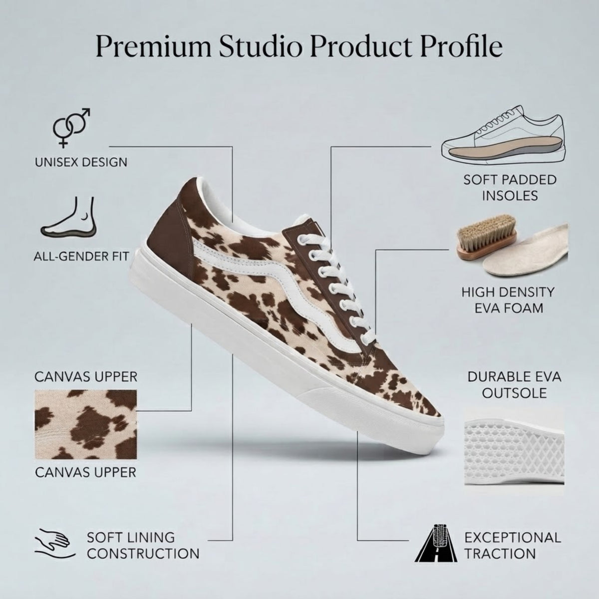 Sneakers stampa mucca, sneakers basse in tela con lacci per uomo e donna