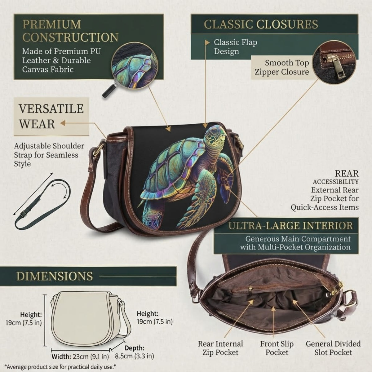 Infografica della borsa a tracolla saddle che mostra patta classica, chiusura a zip, tracolla regolabile, tasca posteriore co