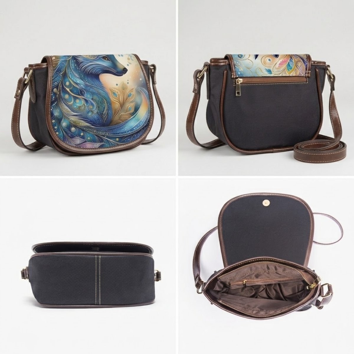 Blue Fox Art Canvas & PU Leather Saddle Crossbody Bag