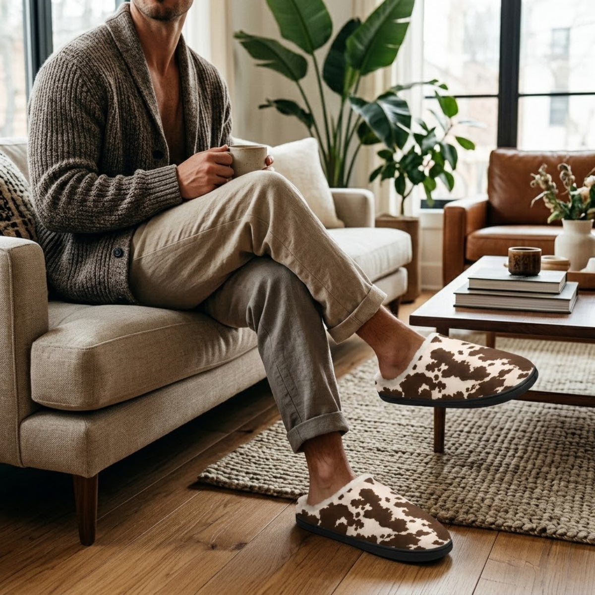Hombre relajándose en un sofá con zapatillas de casa de vaca