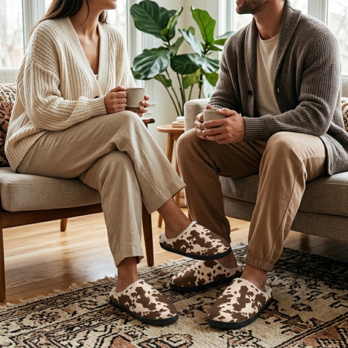 Dos personas sentadas en un sofá calzando zapatillas de casa de vaca