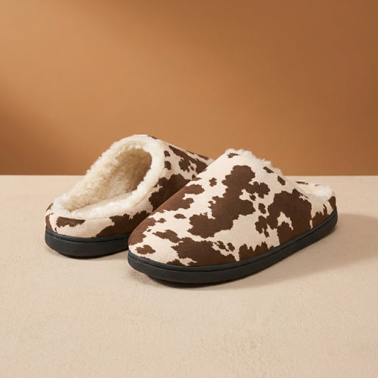 Front three-quarter view of cow print slippers with irregular brown patches on a cream background