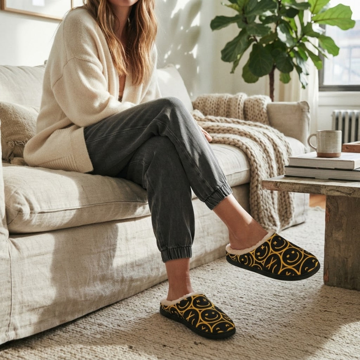 Woman seated on sofa wearing black smiley face slippers at home