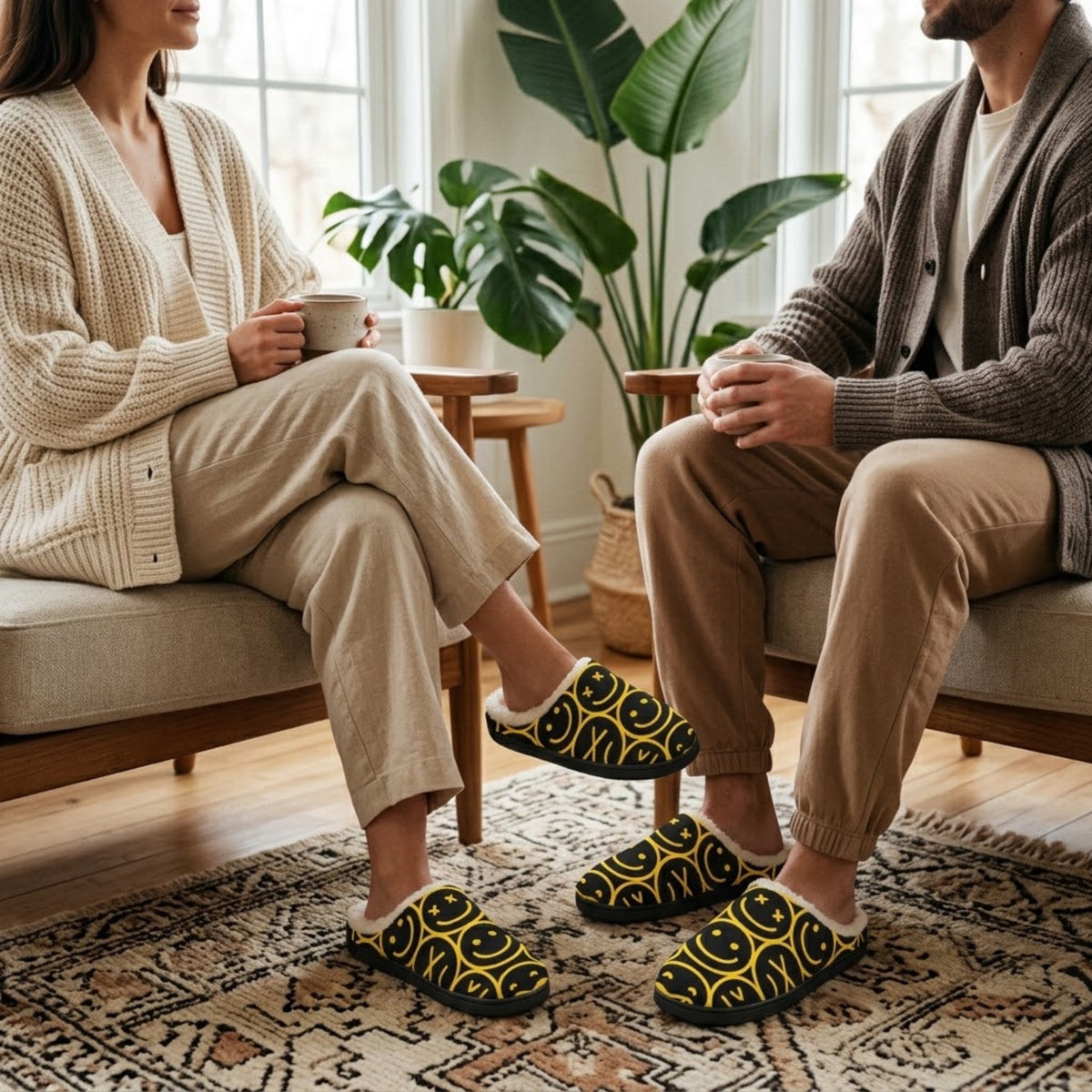 Two people seated on sofa wearing smiley face slippers showing the pattern on their feet