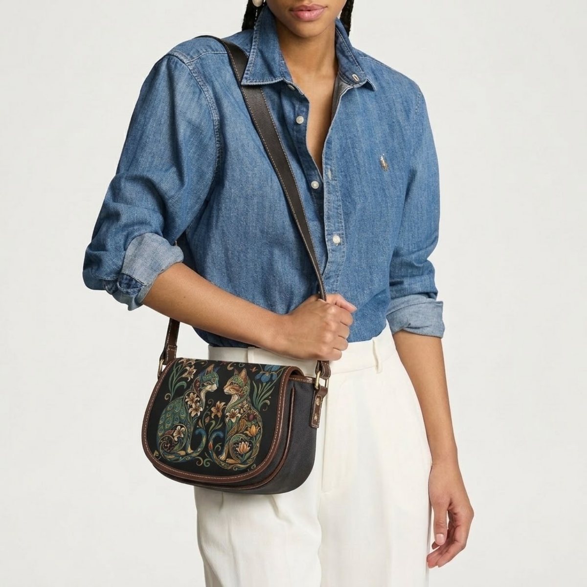 Twin Cat Floral Canvas & PU Leather Saddle Crossbody Bag