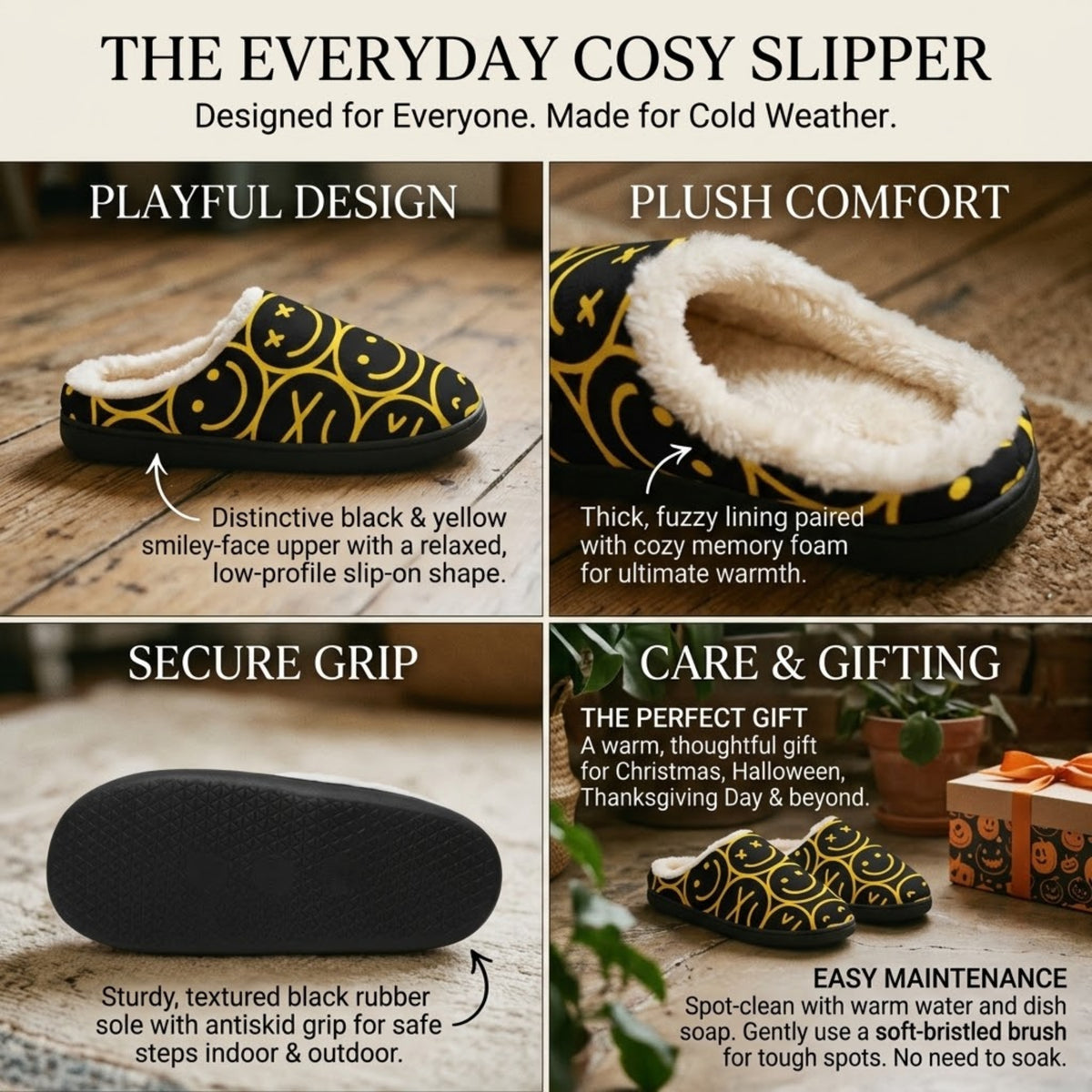 Smiley slipper sole and cream plush lining with care instructions