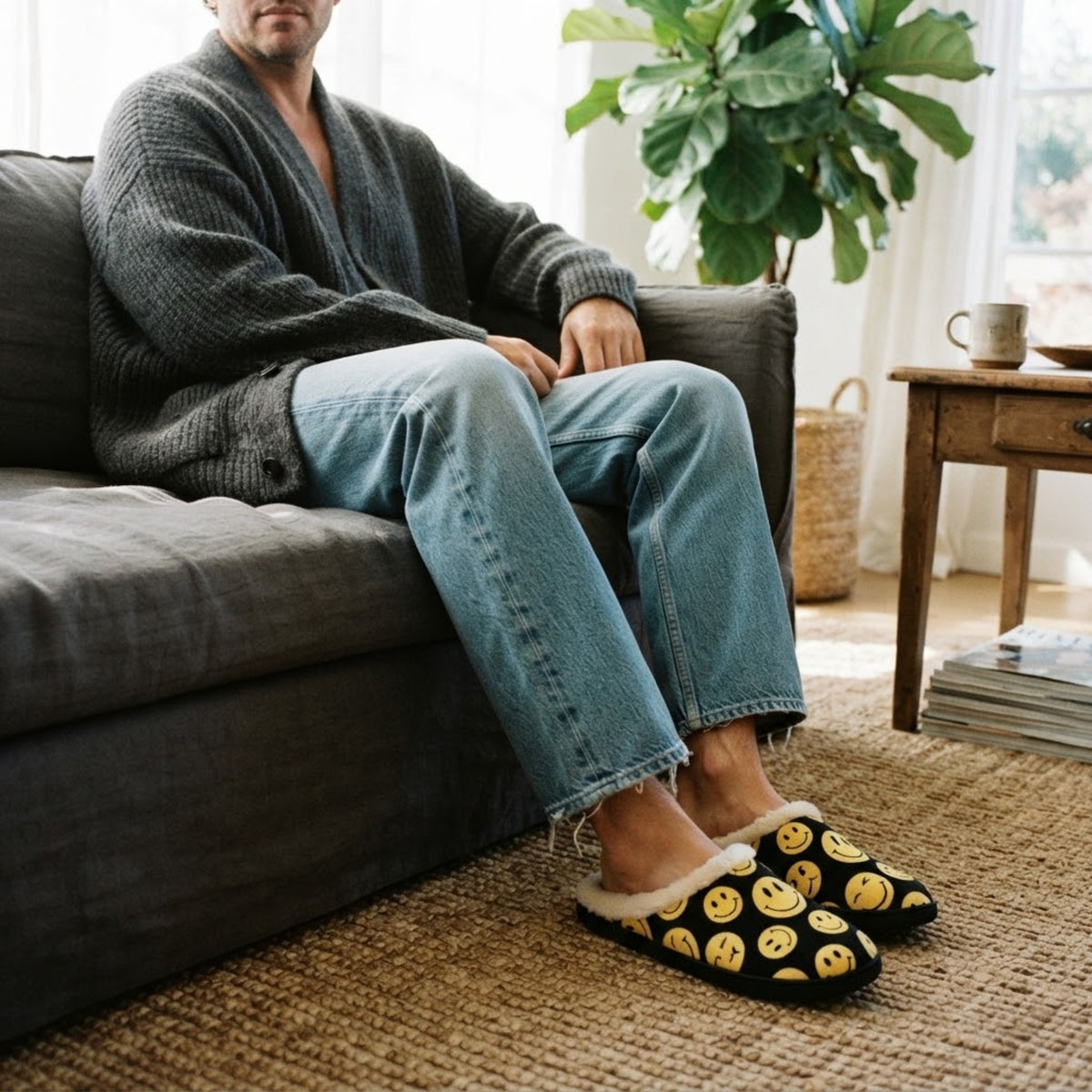 Man seated on sofa wearing black slippers with smiley face pattern at home