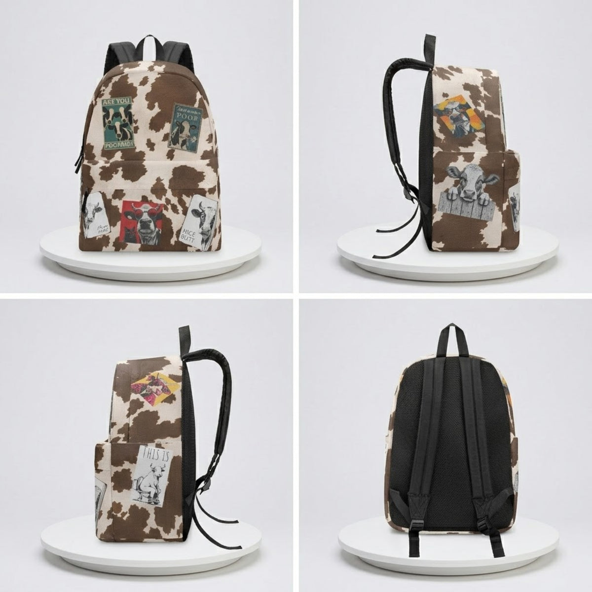Mujer con sudadera blanca y mochila de vaca, vista frontal
