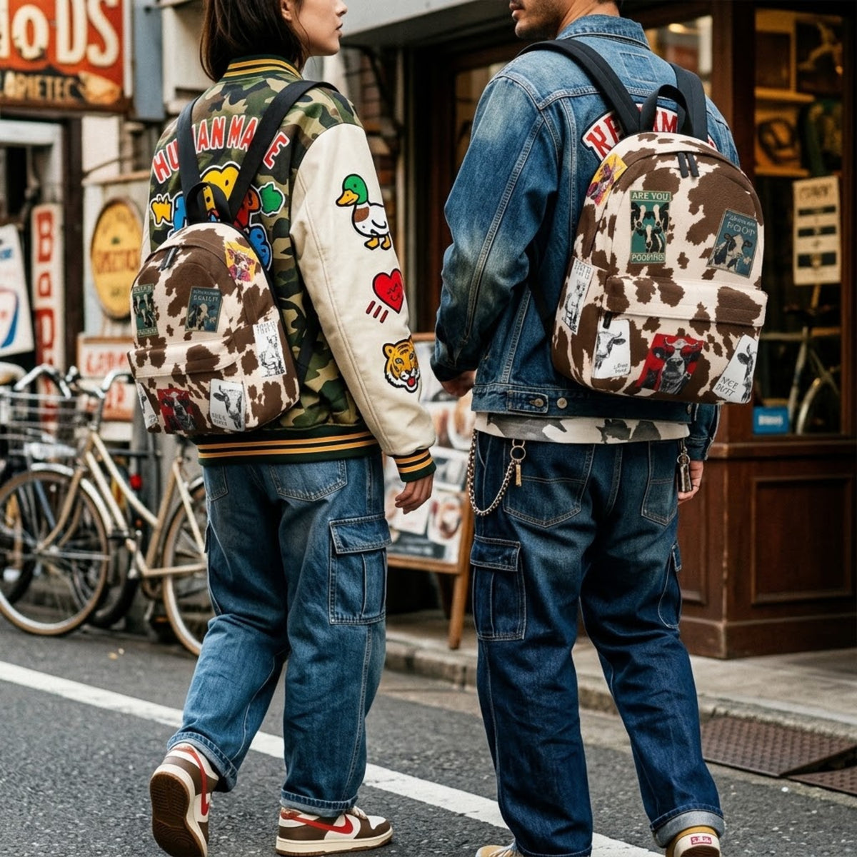 Hombre y mujer con mochilas de vaca en la calle, con chaqueta vaquera y pantalones cargo