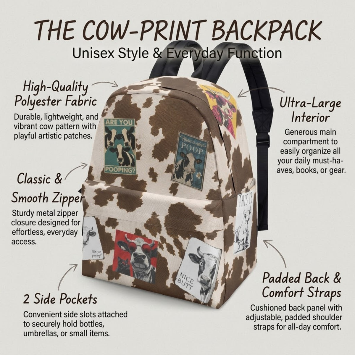 Llamadas de la mochila de vaca que destacan la tela de poliéster, la cremallera, los bolsillos laterales, el interior y los t