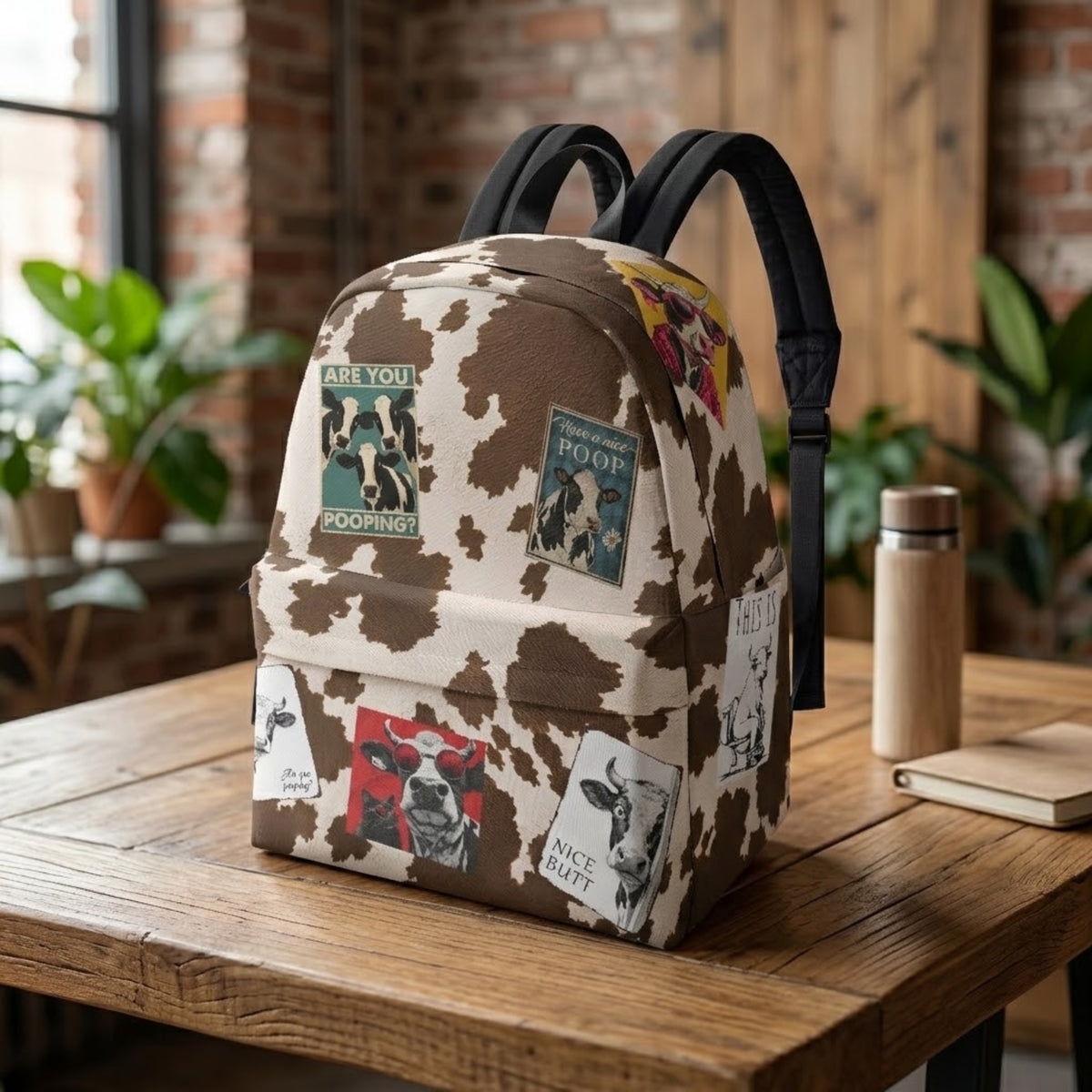 Mochila de vaca marrón y crema con parches expuesta sobre una mesa de madera junto a una botella y una libreta