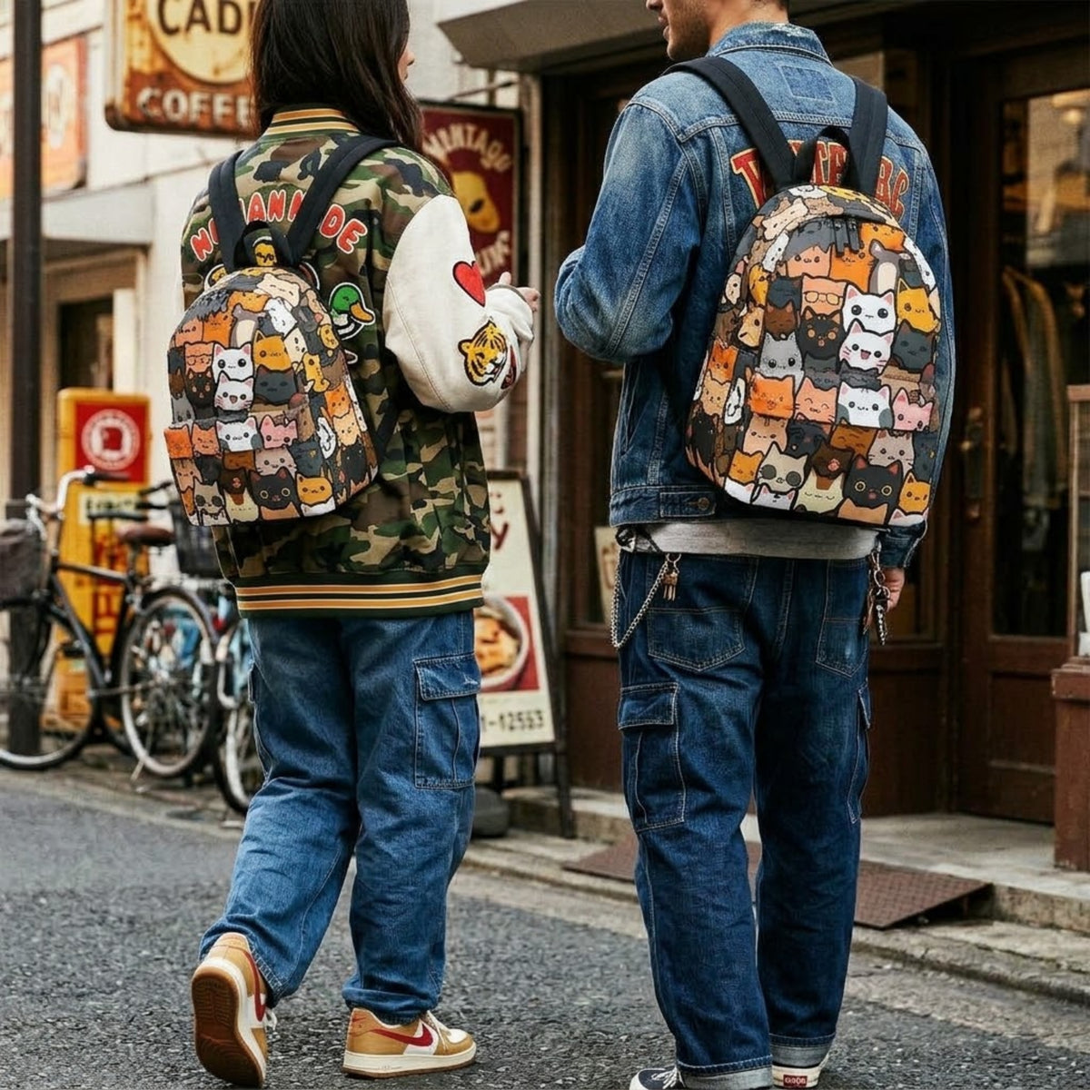 Two people walking on a street carrying cat print backpacks