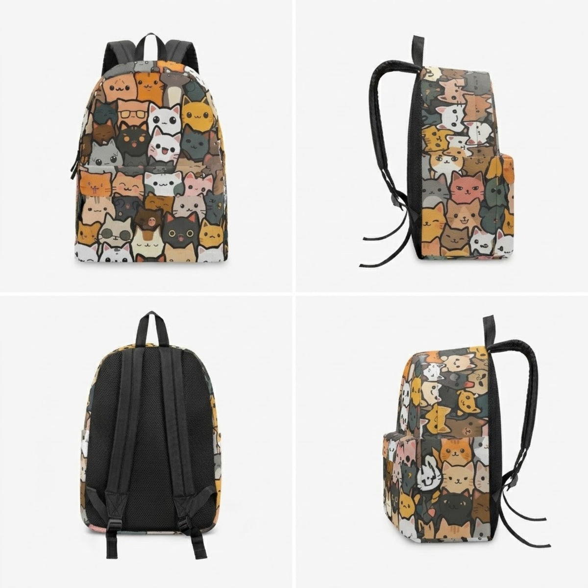Cat print backpack shown from front, side and back on a white background
