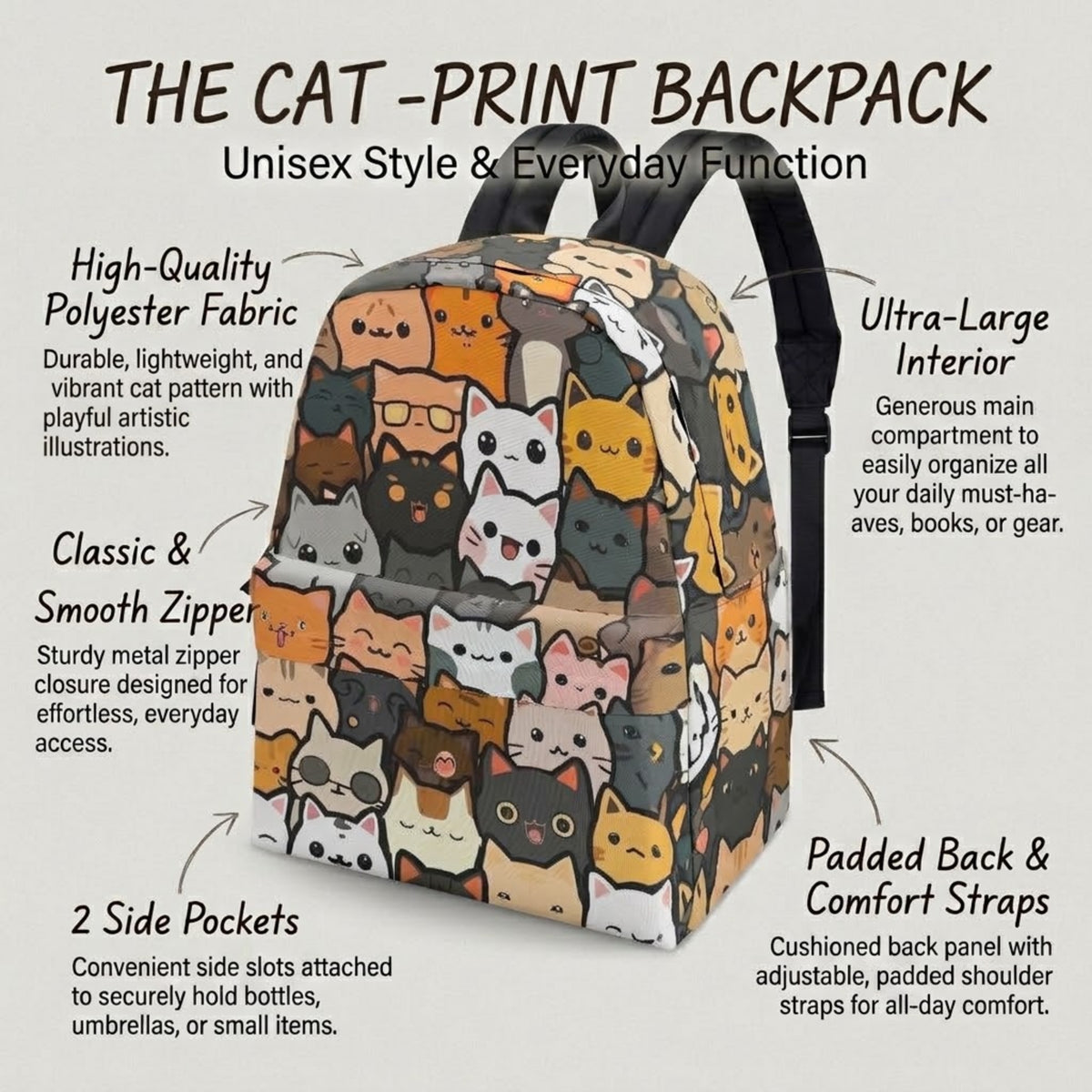 Cat print backpack infographic highlighting polyester fabric, zipper, side pockets, interior and padded straps