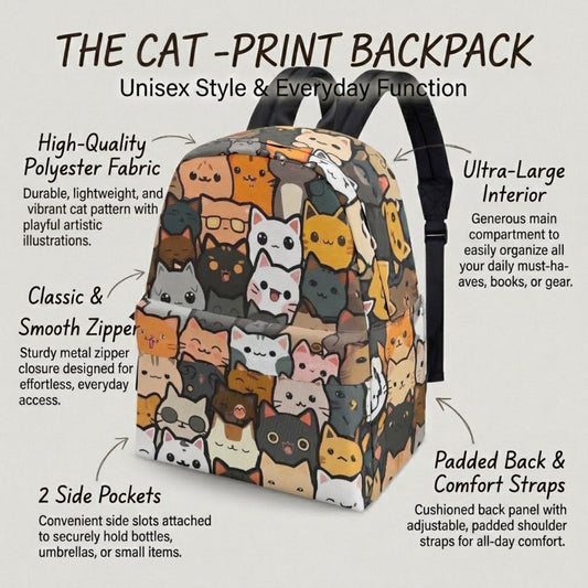 Cat print backpack infographic highlighting polyester fabric, zipper, side pockets, interior and padded straps