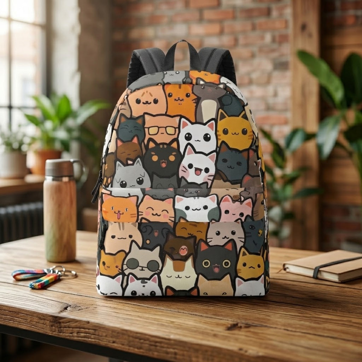 Cat print backpack with kitten illustration displayed on a wooden desk in a cafe setting