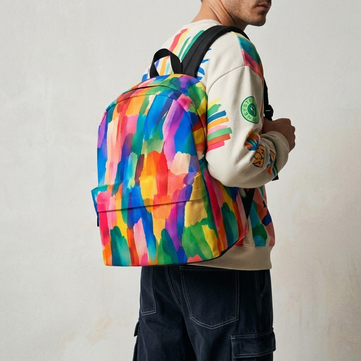 Man wearing a colorful polyester backpack with a sweatshirt and cargo pants