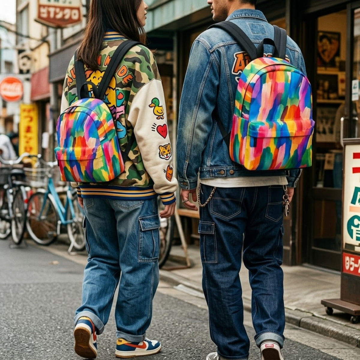 Woman on a city street wearing a colorful backpack beside a man with a second bag