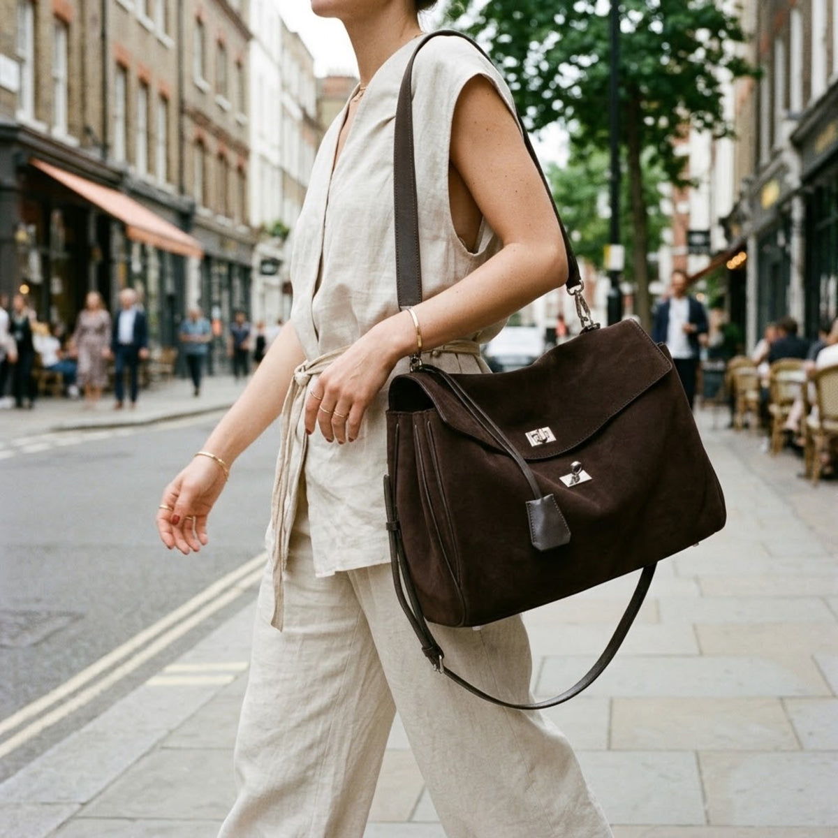 Suede Shoulder Bag with Turn-Lock, Detachable Strap & Crossbody Option