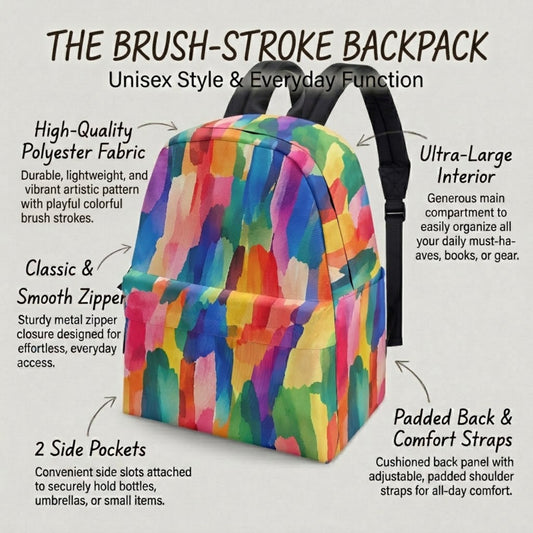 Infographic showing polyester backpack features including main compartment, side pockets and padded straps