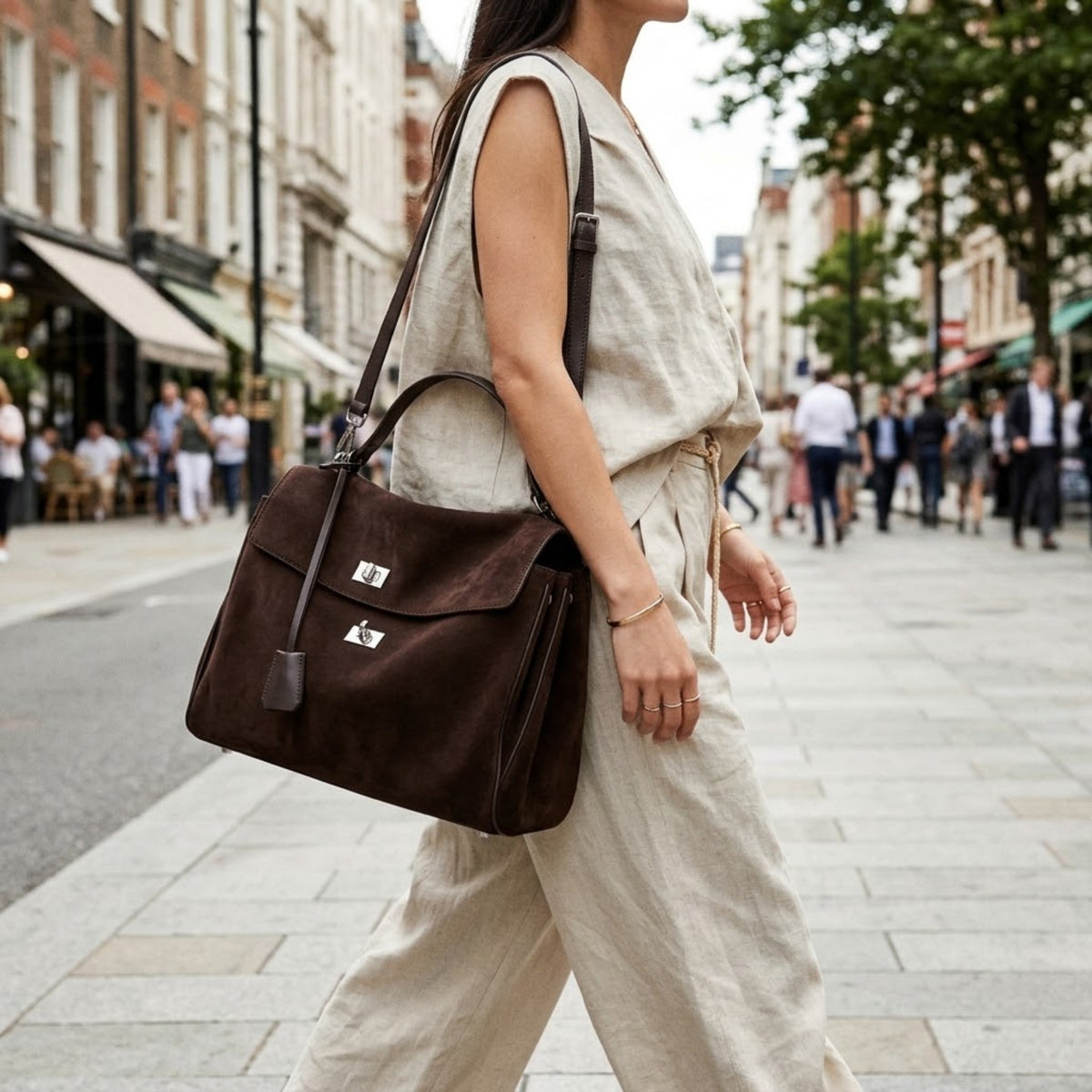 Suede Shoulder Bag with Turn-Lock, Detachable Strap & Crossbody Option