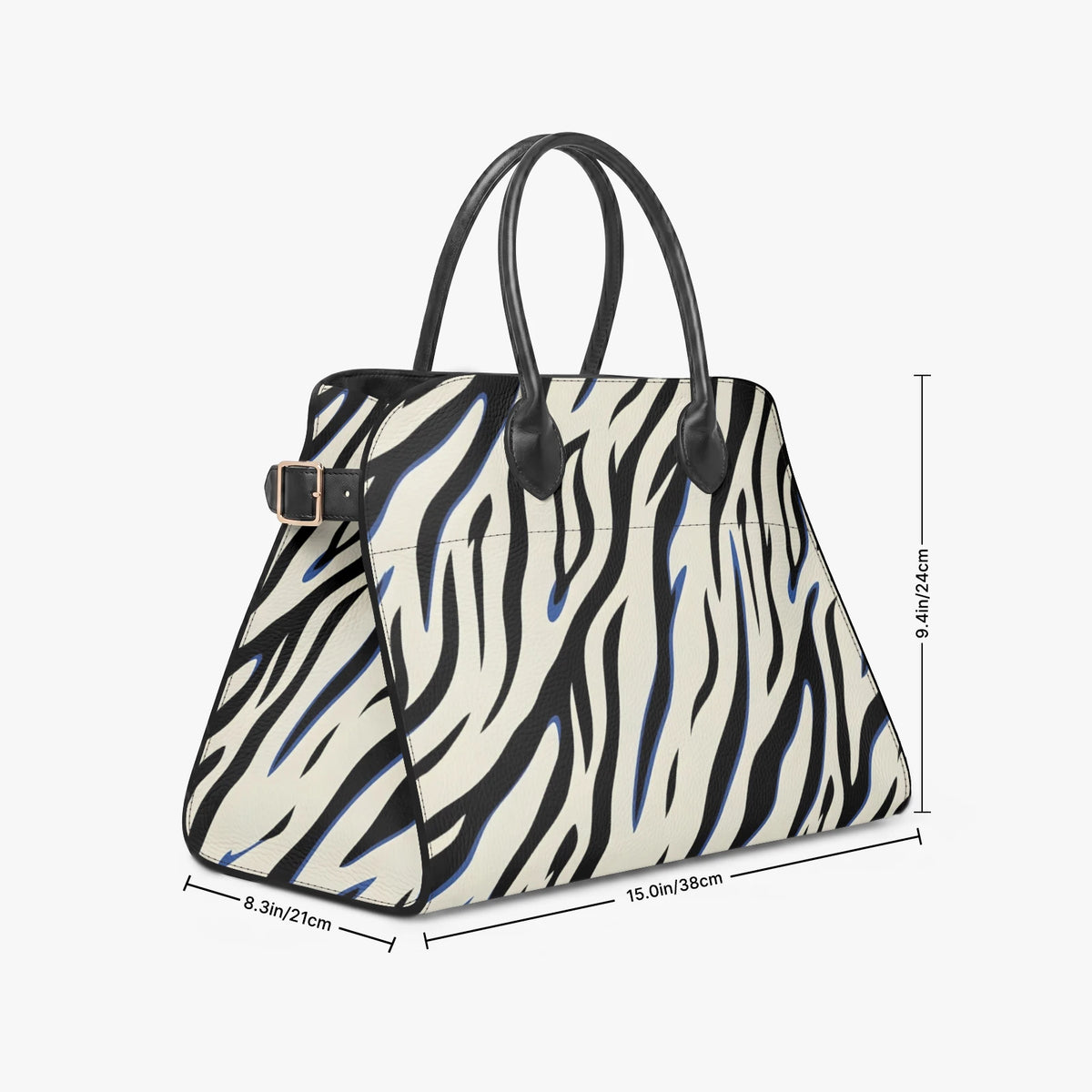 Frontale Dreiviertelansicht einer Zebra-Print Handtasche mit Maßlinien