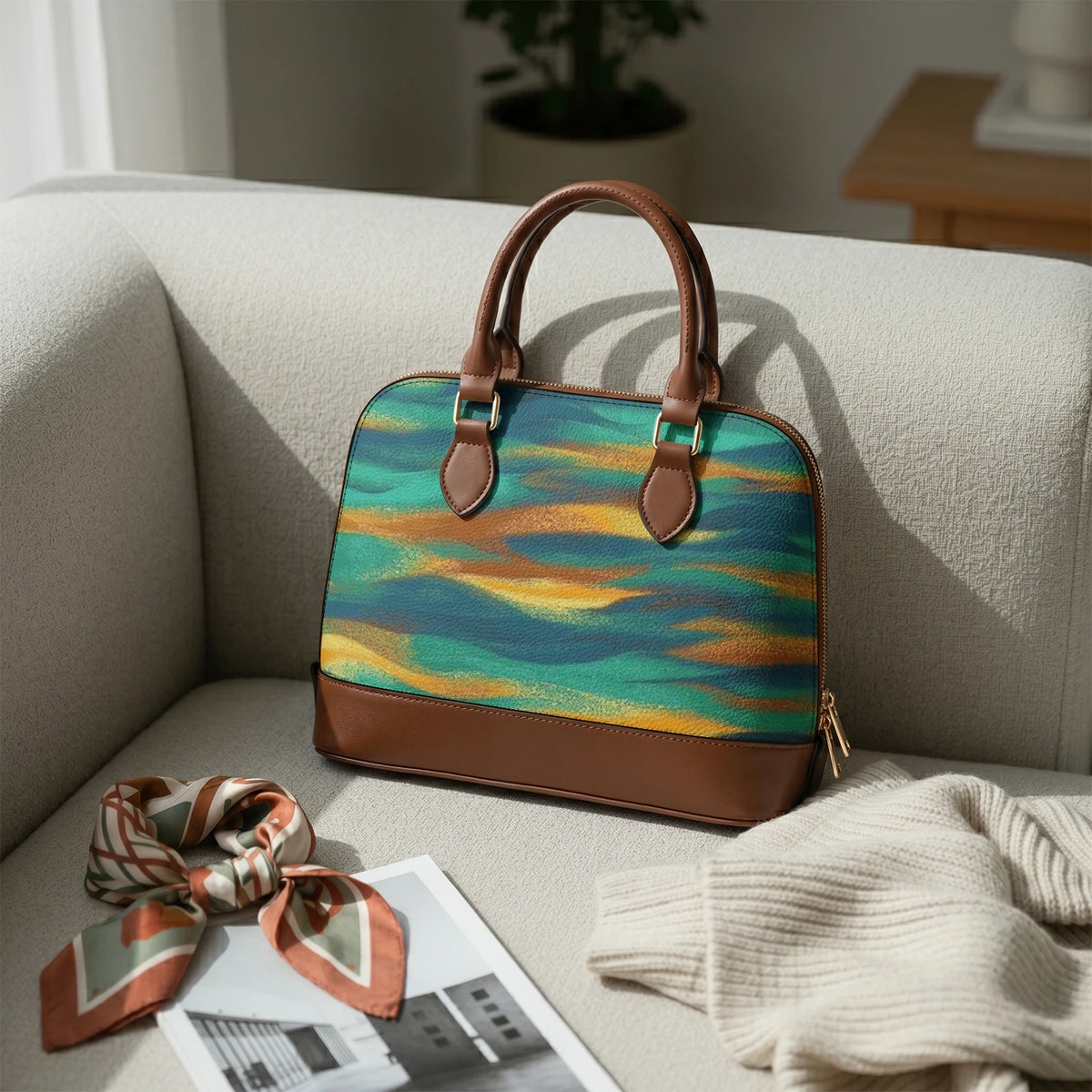 Borsa a sacca appoggiata su un divano accanto a una sciarpa e a un maglione