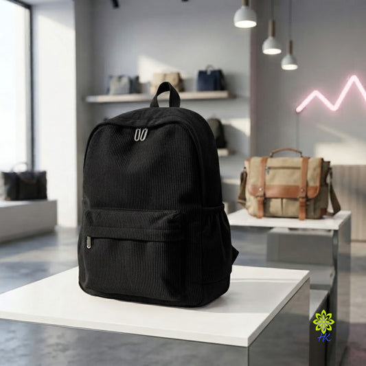 Black Corduroy Everyday Campus Backpack with Front Zip Pocket