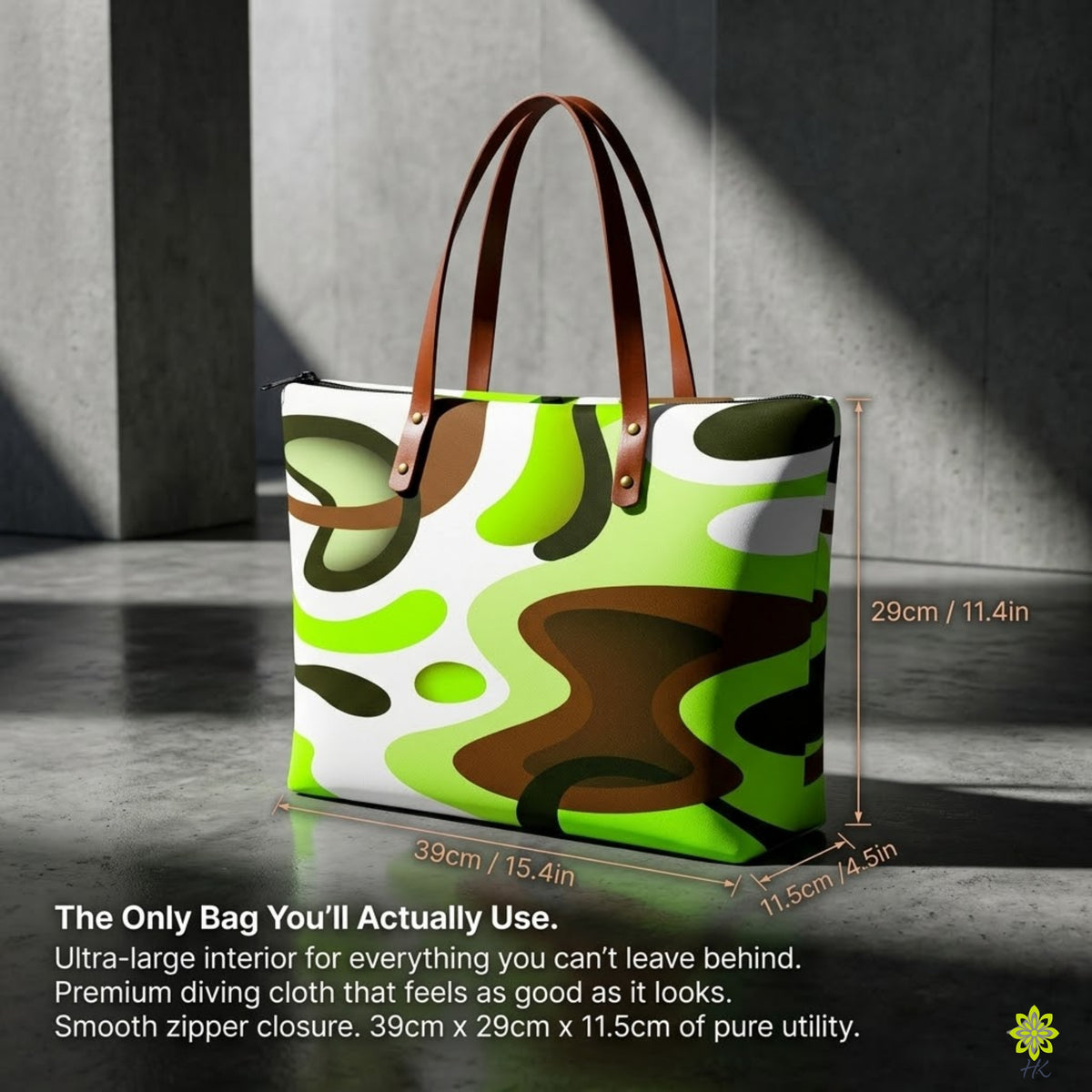 Große Reißverschluss-Tasche mit abstraktem Print, braunen Henkeln & Reißverschluss