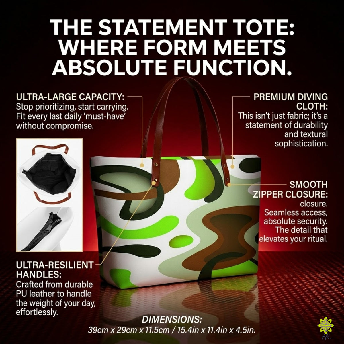Große Reißverschluss-Tasche mit abstraktem Print, braunen Henkeln & Reißverschluss