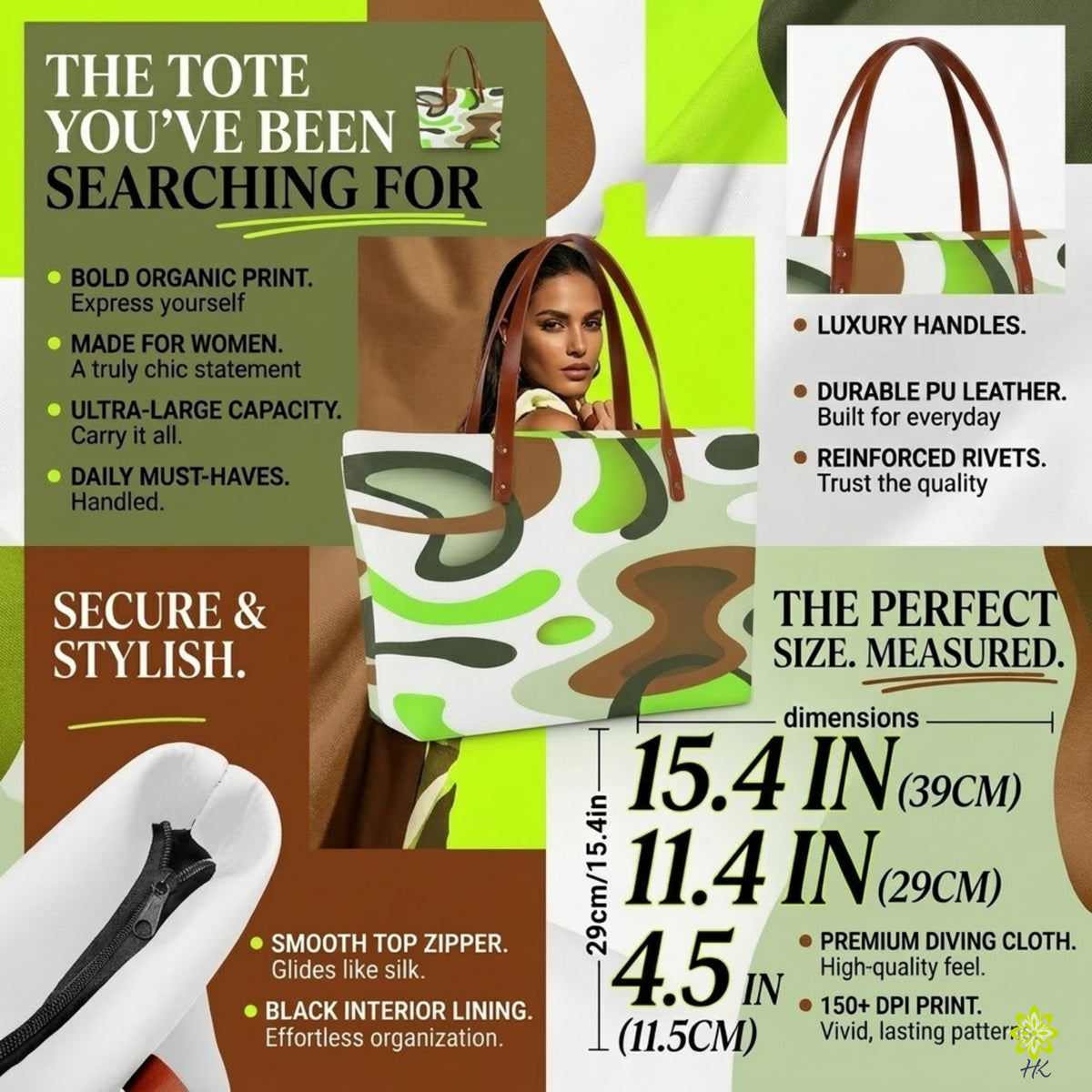 Große Reißverschluss-Tasche mit abstraktem Print, braunen Henkeln & Reißverschluss