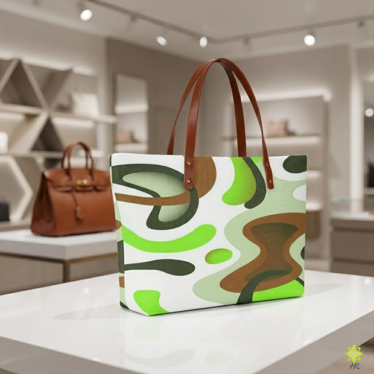 Große Reißverschluss-Tasche mit abstraktem Print, braunen Henkeln & Reißverschluss