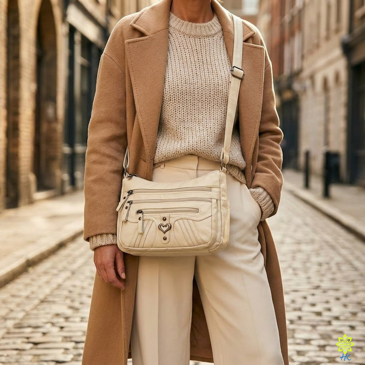 Model in einem camelfarbenen Mantel trägt die Multi-Pocket-Umhängetasche seitlich zu cremefarbener Hose