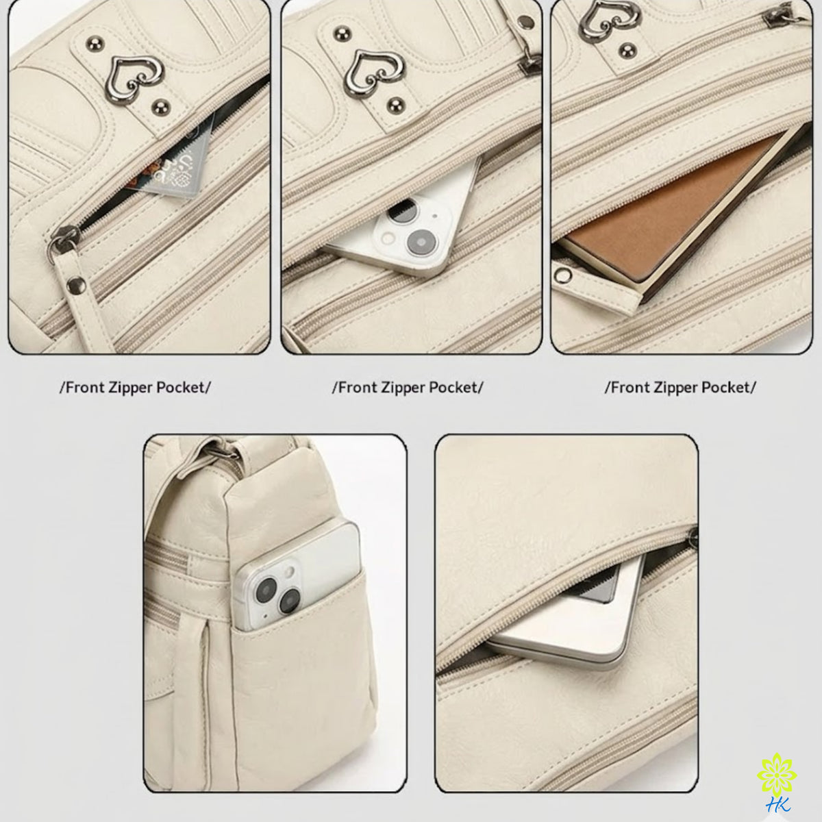Nahaufnahme der vorderen Reißverschlusstaschen der Multi-Pocket-Umhängetasche mit Karte, Smartphone und Notizbuch