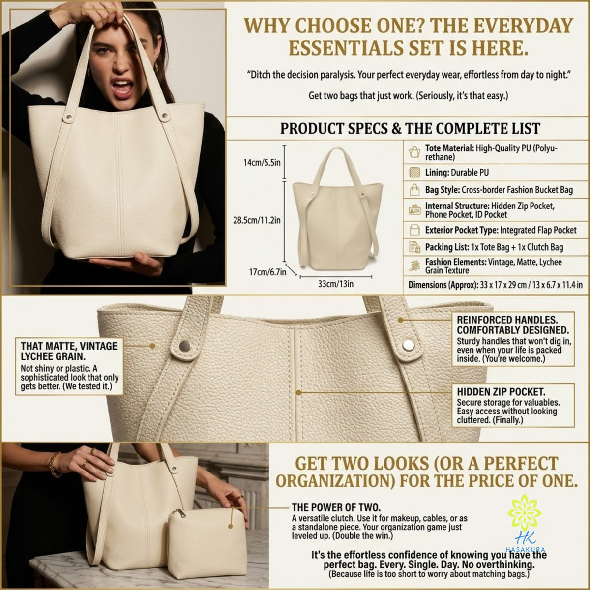 Black tote bag and matching clutch arranged on a cream background
