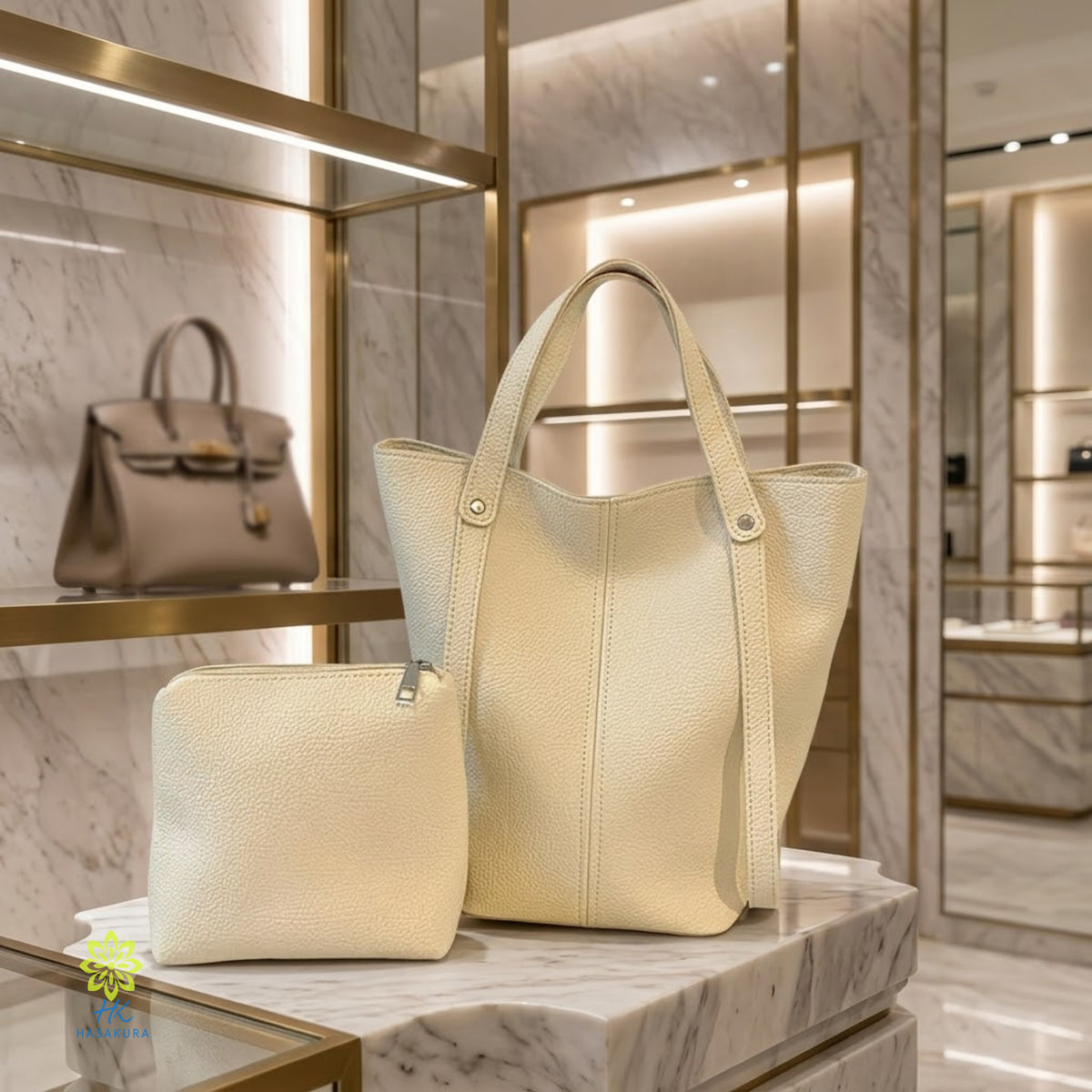 Beige white tote bag carried over the shoulder with a linen outfit